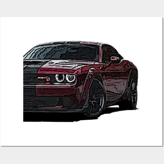 Explosive Fury: Red Dodge Challenger Fiery Front Half Body Posterize Car Design Wall Art by GearHead Threads